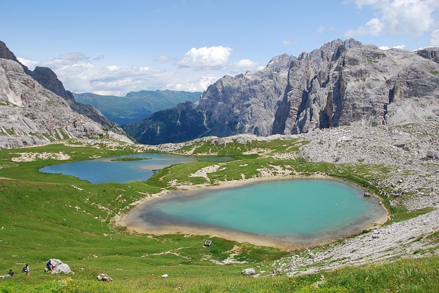alpine lake, mountain, sky, water, trentino, panorama, mountains, clouds, nature, green, italy, landscape, dolomites