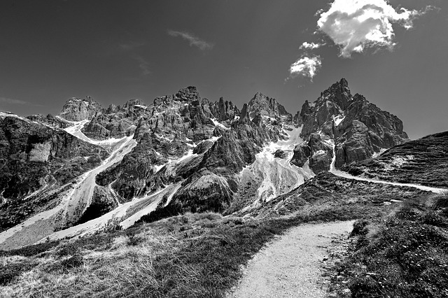 alps, dolomites, mountains, clouds, nature, trail, scenery, black and white, monochrome, landscape