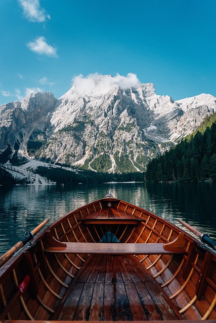 boat, lake, mountains, snow, nature, italy, dolomites, alps, landscape