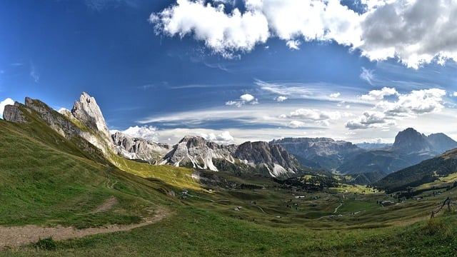 dolomites, mountains, clouds, seceda, hike, nature, landscape