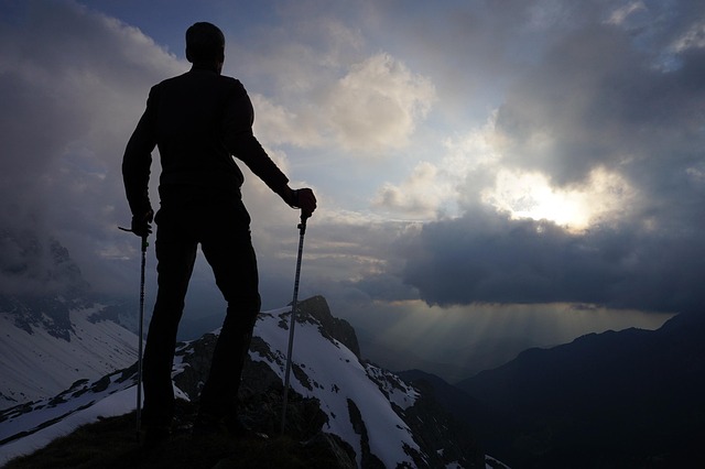 man, hiking, mountain, peak, summit, trekking, mountain climbing, mountaineer, sticks, sunset, dawn, panorama, cloudy, freedom, nature, alps, dolomites