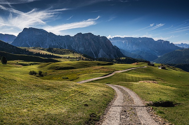 mountains, peaks, grass, grassland, dolomites, trail, sky, clouds, italy, italy mountains, dolomites unesco, dolomites italy, summer, holidays, nature, landscape