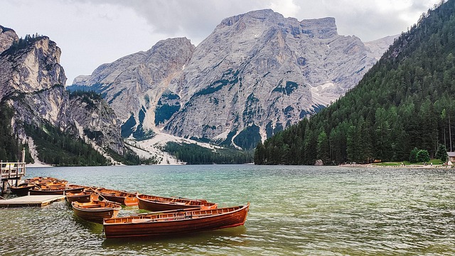 moutains, lake, boat, nature, dolomites, lake braies