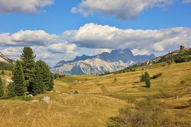nature, mountain, landscape, panorama, heaven, travel, tree, hill, grass, meadow, summer, cloud, horizontal, mountain peak, scenic, dolomites