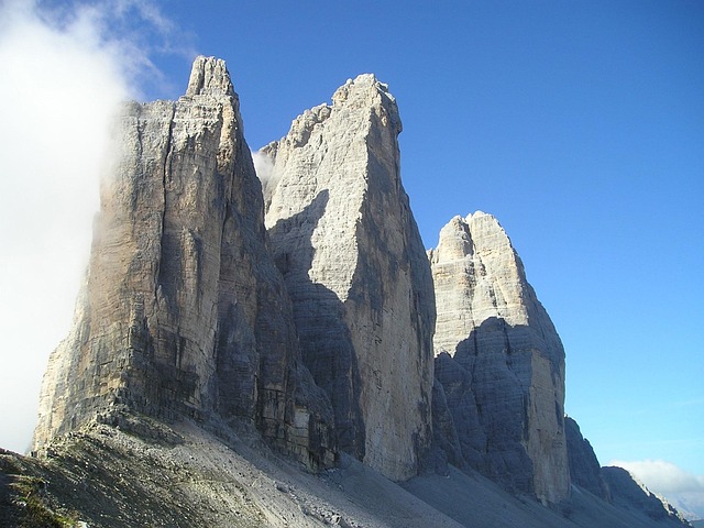 three peaks, lavaredo, north face, big pinnacle, western zinne, rock face, steep wall, climbing wall, rock, dolomite, dolomites, mountains, alps, south-tirol, nature, italy