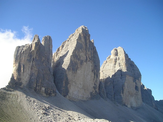 three peaks, lavaredo, north face, big pinnacle, western zinne, rock face, steep wall, climbing wall, rock, nature, dolomite, dolomites, mountains, alps, south-tirol, italy, rubble field
