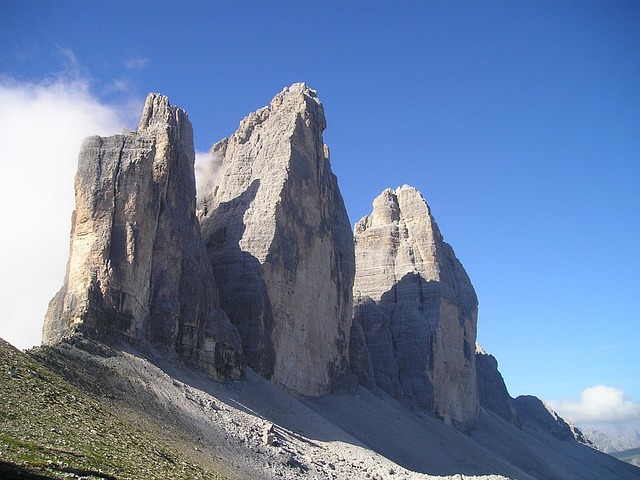 three peaks, lavaredo, north face, big pinnacle, western zinne, rock face, steep wall, nature, climbing wall, rock, dolomite, dolomites, mountains, alps, south-tirol, italy