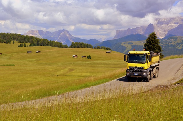 truck, street, nature, lawn, mountain, grass, sky, clouds, dolomites