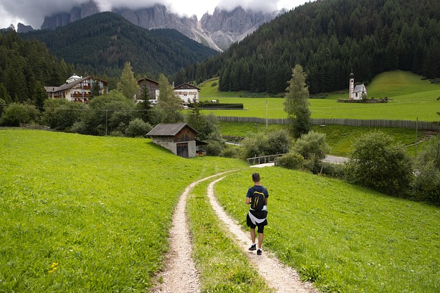 walk, path, man, village, rural, countryside, forest, alps, italy, nature, landscape, mountain, dolomites